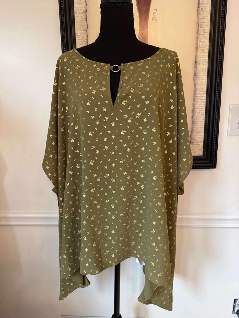 NWT Michael Kors Olive Green Metallic Gold Floral Tunic Top 3X
